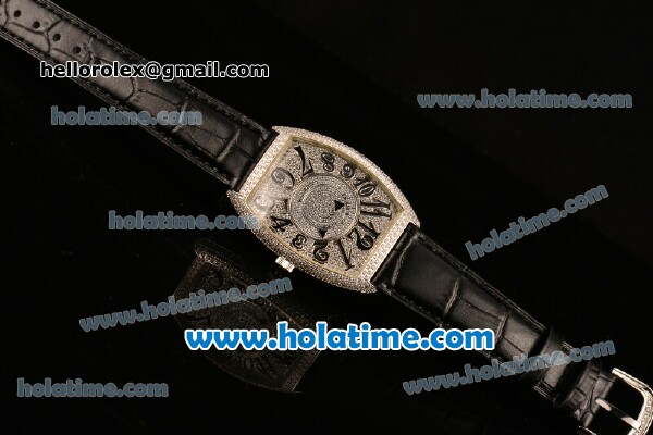 Franck Muller Cintree Curvex Ronda 762 Quartz Steel/Diamond Case with Diamond Dial and Black Leather Strap - Click Image to Close